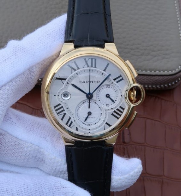 Cartier Ballon Bleu De Cartier Chrono 47mm YG White Dial Leather Strap A8101