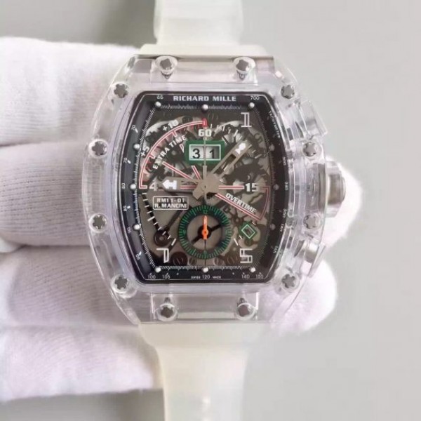 Richard Mille RM011 Transparent Case Black/Green Bezel Skeleton Dial White Rubber Strap A7750